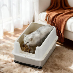 Stainless Steel Enclosed Cat Litter Box with Lid, Scoop and Mat, High-Sided Front Drawer Litter Tray, Leakproof, Non-Stick, Easy Clean, 60x40x35.5cm