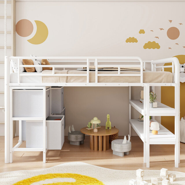 Storage Loft Bed 90 x 200 cm with Shelves & Wide Ladder
