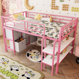 Storage Loft Bed 90 x 200 cm with Shelves & Wide Ladder