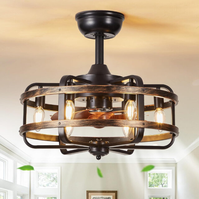 Industrial Caged Ceiling Fans with Lights, Farmhouse 3 Speed Reversible Ceiling Fan for Dining Room