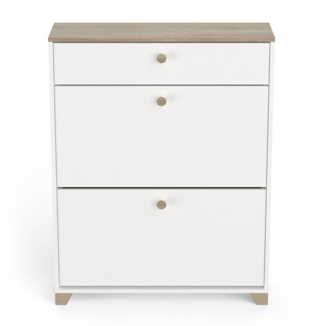 Beckum 2 Door 1 Drawer Matt White and Oak Shoe Cabinet
