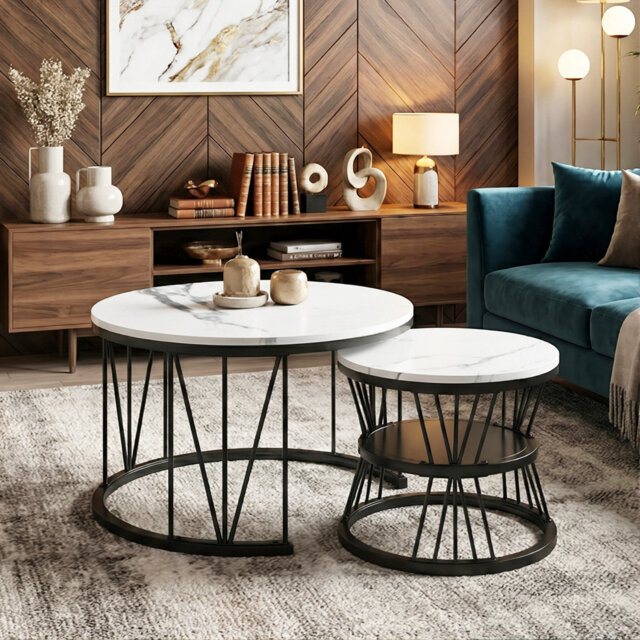 Round Nesting Coffee Tables (70+45Cm), Marble Effect V-Wire Frame With 2-Tier Storage Side Table