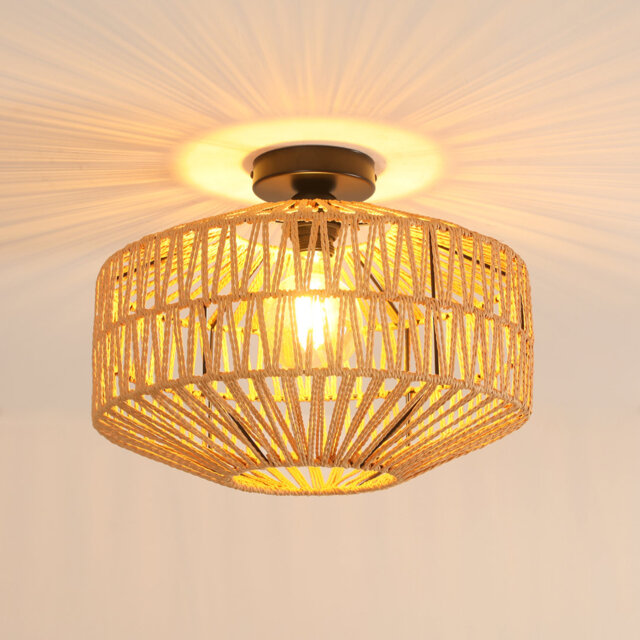Rattan Lantern 40CM Natural Farmhouse Style Flush Mount Ceiling Light