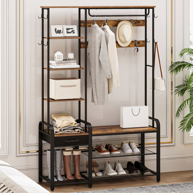 Coat Rack with Shoe Storage, Coat and Shoe Rack with 3-Tier Storage Bench and Drawer, 5-in-1 Hall Tree with 17 Hooks, Side Book Shelves for Bedroom, H