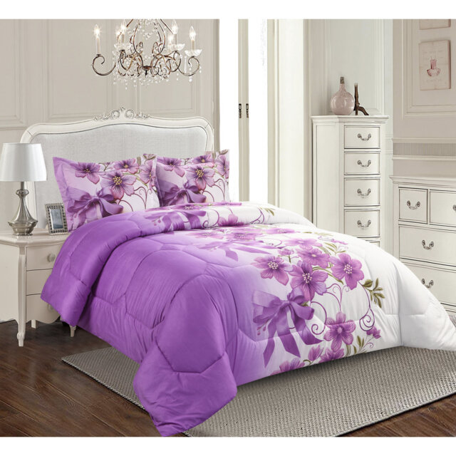 Printed Bedspreads 3 Piece Trendy Purple Comforter Bed Throw with Matching Pillow Shams