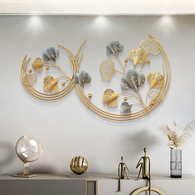 Modern Hand-Painted 3D Hollow-out Ginkgo Leaves Metal Round Wall Art Decor Gold
