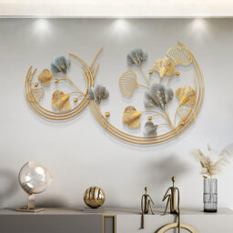 Modern Hand-Painted 3D Hollow-out Ginkgo Leaves Metal Round Wall Art Decor Gold