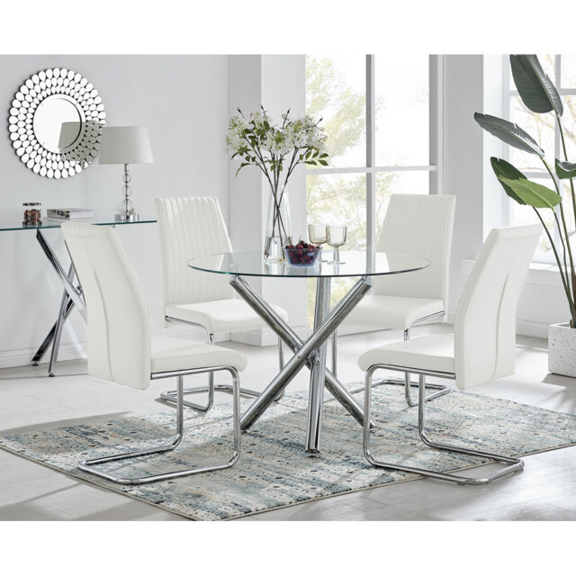Seline Modern Round Dining Table Set in Glass and Chrome with 4 Upholstered Faux Leather Chairs