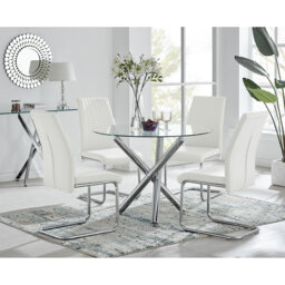 Seline Modern Round Dining Table Set in Glass and Chrome with 4 Upholstered Faux Leather Chairs