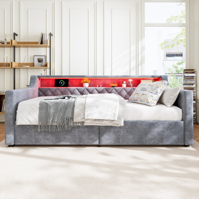 Aalexus Grey Velvet 3FT single Daybed sofa bed, With light strip, Charging port, 1 Type A +1 Type C, 2 drawers on wheels (No Mattress)