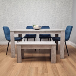 Stone Grey Effect Dining Set Table, 4 Blue Velvet Chairs & Bench