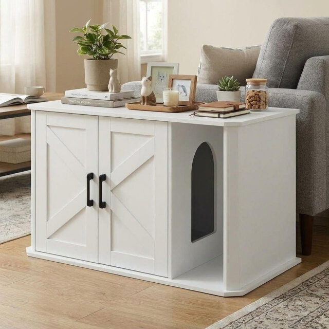 Modern White Wooden Cat Litter Box Enclosure - Large Hidden Cabinet with Double Doors & Side Entry - Easy-Clean Sturdy Cat House End Table, Odor Contr