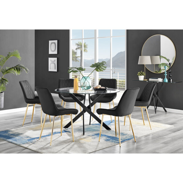 Tierra Modern Chrome Metal & Glass Round Dining Table Set with 6 Luxury Faux Leather Chairs
