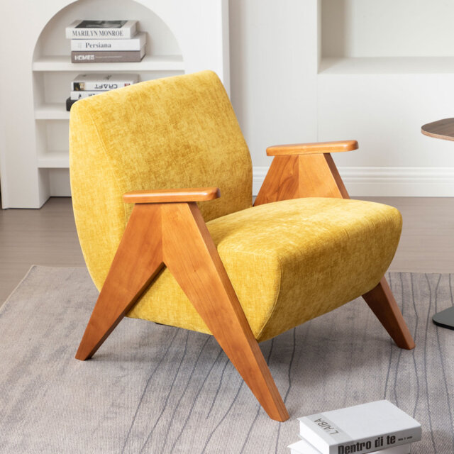 Kyajah Chenille Upholstered Accent Armchair with Solid Wood Arms and Legs