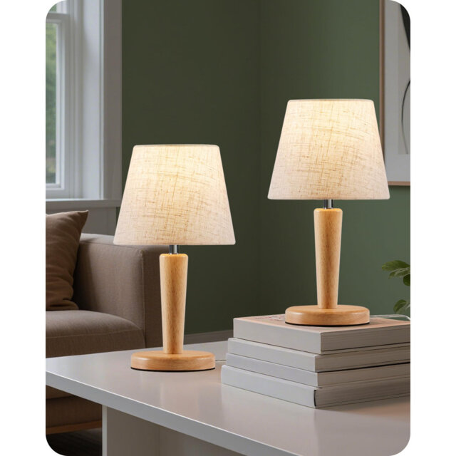 Small Bedside Lamps Set Of 2, Wood Bedside Table Lamp With Beige Linen Shade, 3 Color Temps, E27 LED Bulb Included, Cute Little Desk Lamp For Bedroom,