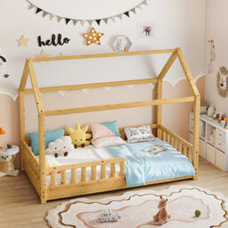 Solid Wood House Bed with Guardrails, Montessori Floor Bed for Kids, Low Profile Toddler Bed Frame with Slats