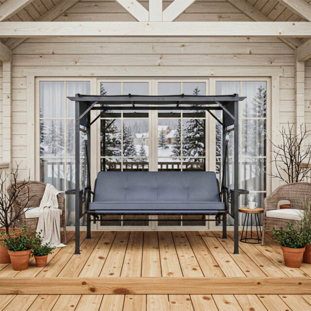 3 Seat Porch Swing Bed, Outdoor Patio Metal Pergola Swing Bench