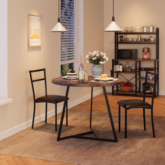 Round Dining Table Set for 2, Circle Kitchen Table and Chairs, Dining Room Table Set with Upholstered Chairs, Wood Dinner Set for Small Space, Apartme