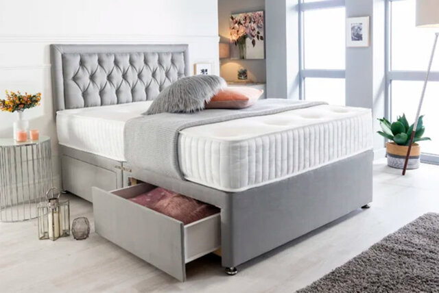 4FT6 Double Light Grey Suede Divan Bed with headboard & Mattress 2 Drawers Included