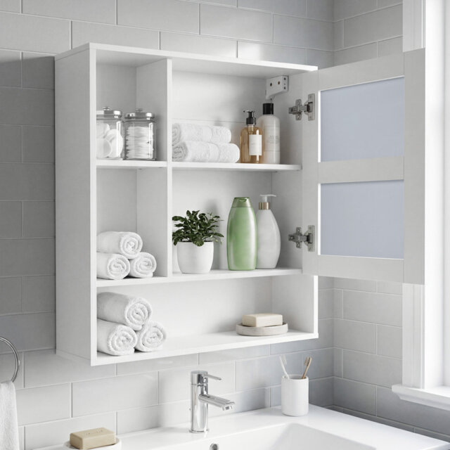 Bathroom Wall Mirror Cabinet Space-saving Wall Mounted Wooden Storage Cabinet w/ 3 Open Shelves