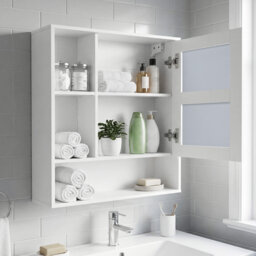 Bathroom Wall Mirror Cabinet Space-saving Wall Mounted Wooden Storage Cabinet w/ 3 Open Shelves