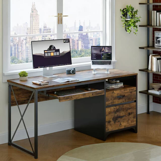 140cm Home Office Desks with 2 Storage Drawers, Reversible Computer Desks with Keyboard Tray and Open Shelf