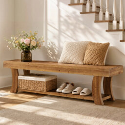 "63"" Solid Wood Entryway Bench with Open Storage"