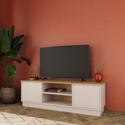 Mono TV Unit for TVs up to 60 Inch, 140 cm Small Modern TV Stand Cabinet with Storage Cupboards & Shelves, Wooden Media Console for Living Room, Minim