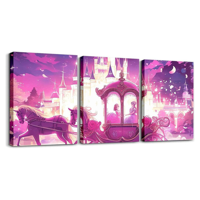 Kids Princess Carriage Picture Wall Decor Castle Canvas Wall Art For Bedroom Pink Fariy Tale 3 PCS Wall Painting Boys Girls Cute Rainbow Wall Prints 1
