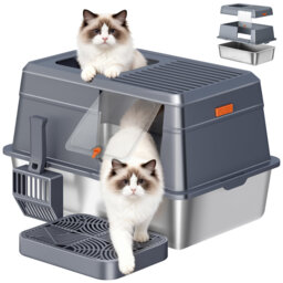 Stainless Steel Cat Litter Tray with Lid, XXL Metal Cat Litter Tray, with Foot Step and Scoop, Easy Clean, Dual Entry, Removable, 60L x 40W x 38H cm