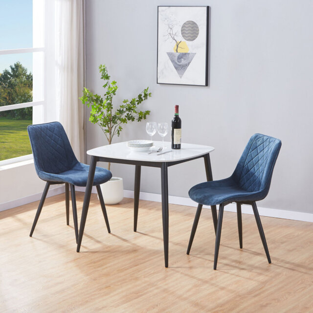 Aspen Sintered Stone Square Table with 2 Diamond Stitch Upholstered Fabric Chairs - Modern Dining Set