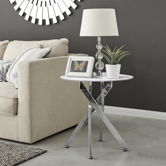 Cesarino Marble Effect Round Sofa Side Table - Glass Topped Metal Leg Small Table