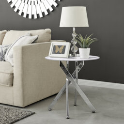 Cesarino Marble Effect Round Sofa Side Table - Glass Topped Metal Leg Small Table