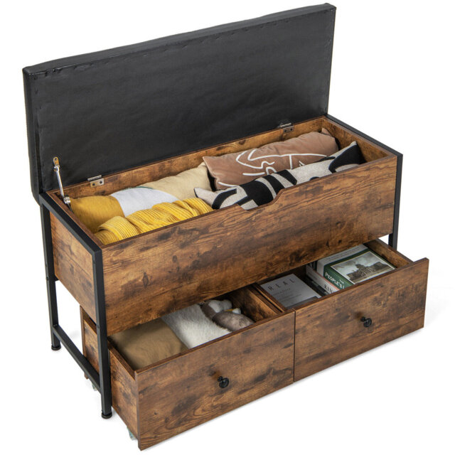 Storage Ottoman Bench Flip Top Storage Chest With 2 Drawers Wooden Storage Bench