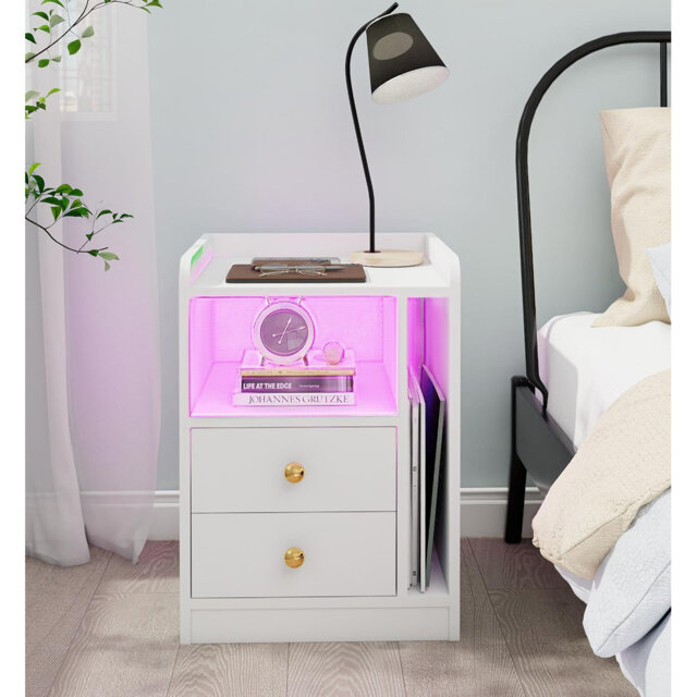 2 Drawers LED BedSide Table with Charging Station