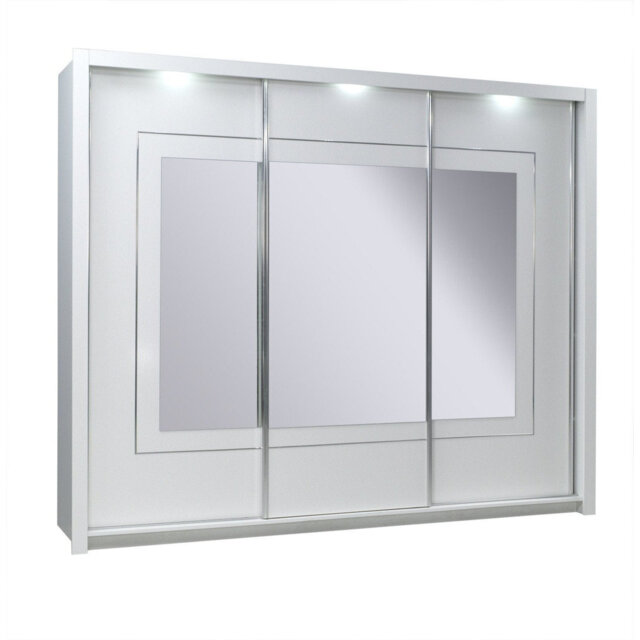 White Gloss Mirrored Sliding Wardrobe 208cm - Contemporary Luxury with LED Lighting