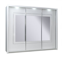White Gloss Mirrored Sliding Wardrobe 208cm - Contemporary Luxury with LED Lighting