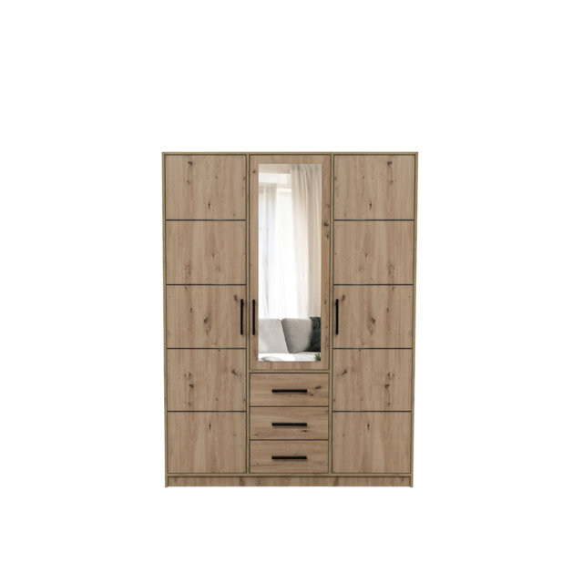 KOS D3 Oak Artisan & Mirror 3 Door Wardrobe - Large Modern Storage with Drawers, Shelves & Hanging Rails