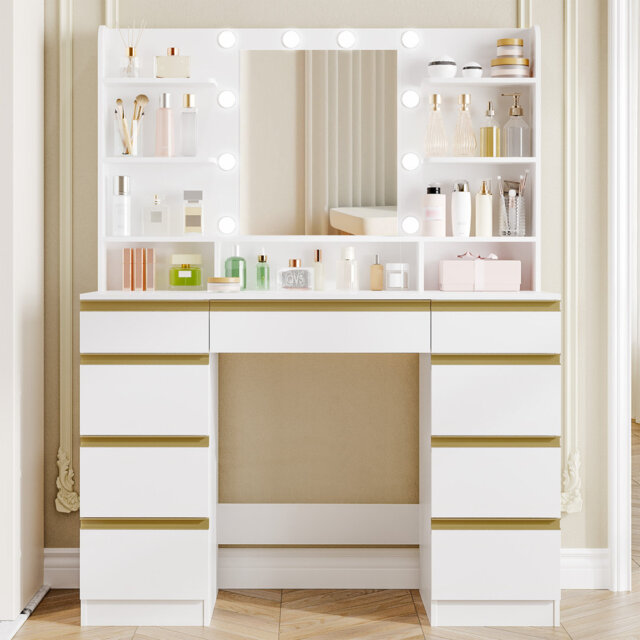 Dressing Table with Bulb/LED Light, Vanity Desk with 1 Large Drawer and 8 Small Drawer Cabinets, Adjustable Brightness, Large HD Mirror, 9 Open Storag