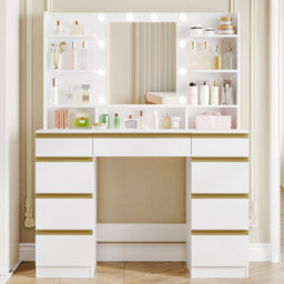 Dressing Table with Bulb/LED Light, Vanity Desk with 1 Large Drawer and 8 Small Drawer Cabinets, Adjustable Brightness, Large HD Mirror, 9 Open Storag