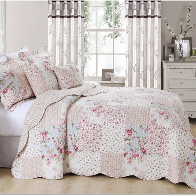 Printed Bedspread Set with Vintage Floral Patchwork Design, Soft Microfiber Coverlet Set with Matching Pillow Shams for All Seasons