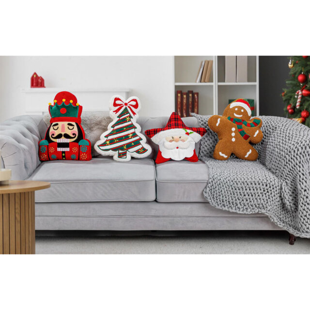 Set of 4 Christmas Themed Gingerbread Nutcracker Tree Star Novelty Cushions
