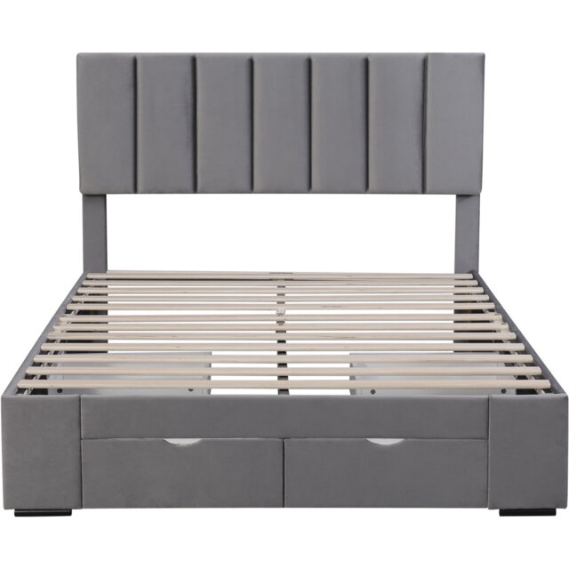 Upholstered Bed Velvet With 4 Drawers, Grey