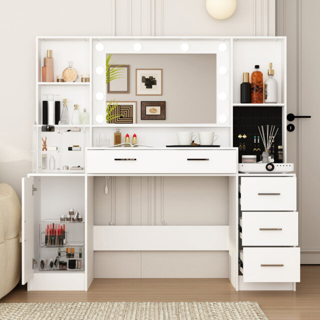 Vanity Desk with Mirror and Lights, Makeup Desk with Jewelry Organizer, Makeup Vanity with Glass Top, Dressing Table with Drawers and Shelves for Bedr