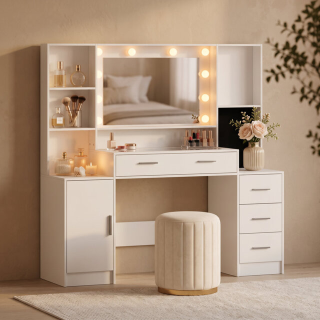 Vanity Desk with Mirror and Lights, Makeup Desk with Jewelry Organizer, Makeup Vanity with Glass Top, Dressing Table with Drawers and Shelves for Bedr