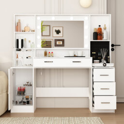 Vanity Desk with Mirror and Lights, Makeup Desk with Jewelry Organizer, Makeup Vanity with Glass Top, Dressing Table with Drawers and Shelves for Bedr