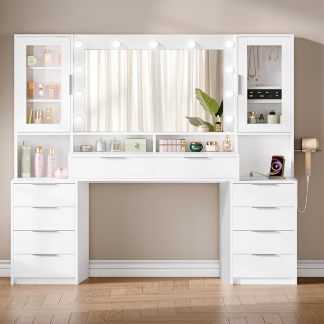 Dressing Table with Lighting, Power Strip, 150 cm Vanity Desk with 10 Drawers, Adjustable Brightnes, Glass Door Storage Cabinet, White