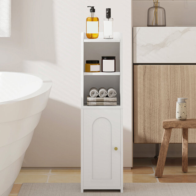 Bathroom Storage Cabinet, Wood Corner Floor Cabinet with Doors and Adjustable Shelf, Narrow Toilet Paper Cabinet, Bathroom Organizer for Small Spaces