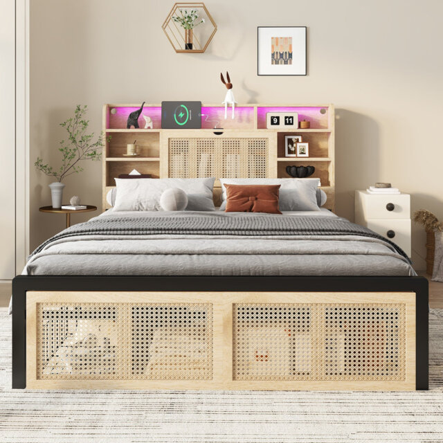 Bed frame, wooden bed, with charging port and LED strip light, 4Ft6 double bed 135 x 190cm, storage compartments in the headboard, PE rattan-style dra