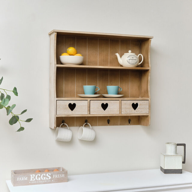 Large Rustic Wooden Wall Shelving Unit With Heart Drawers & Storage Hooks